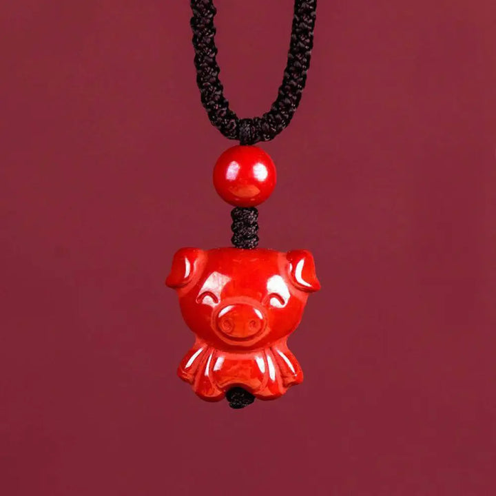 Buddha Stones Year Of The Horse Chinese Zodiac Engraved Design Cinnabar Blessing Rope Necklace Pendants - BWOOOH - Pig