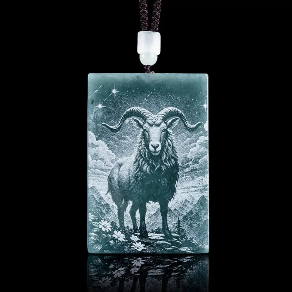 Buddha Stones Year Of The Horse Chinese Zodiac Engraving Jade Abundance Necklace Pendants - BWOOOH - Goat / 60*40*4mm
