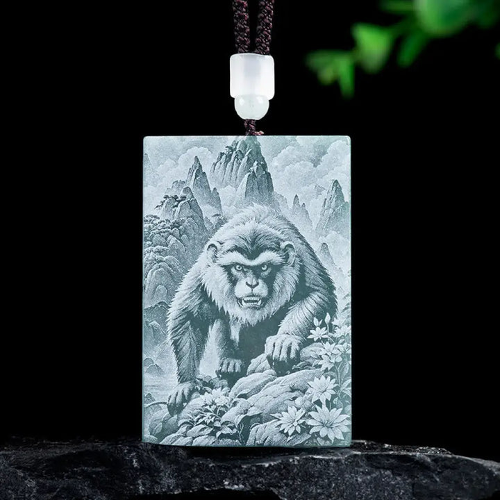 Buddha Stones Year Of The Horse Chinese Zodiac Engraving Jade Abundance Necklace Pendants - BWOOOH - Monkey / 60*40*4mm