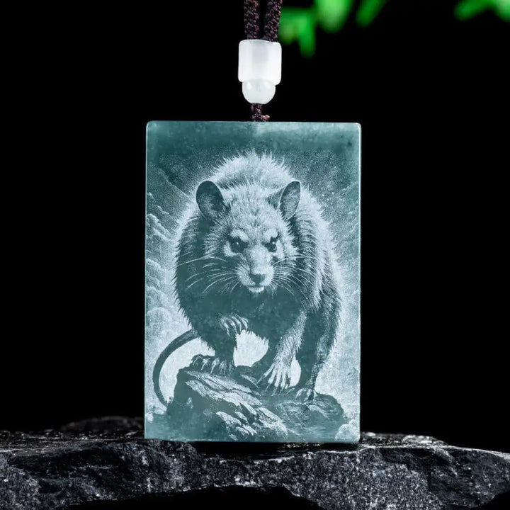 Buddha Stones Year Of The Horse Chinese Zodiac Engraving Jade Abundance Necklace Pendants - BWOOOH - Rat / 60*40*4mm