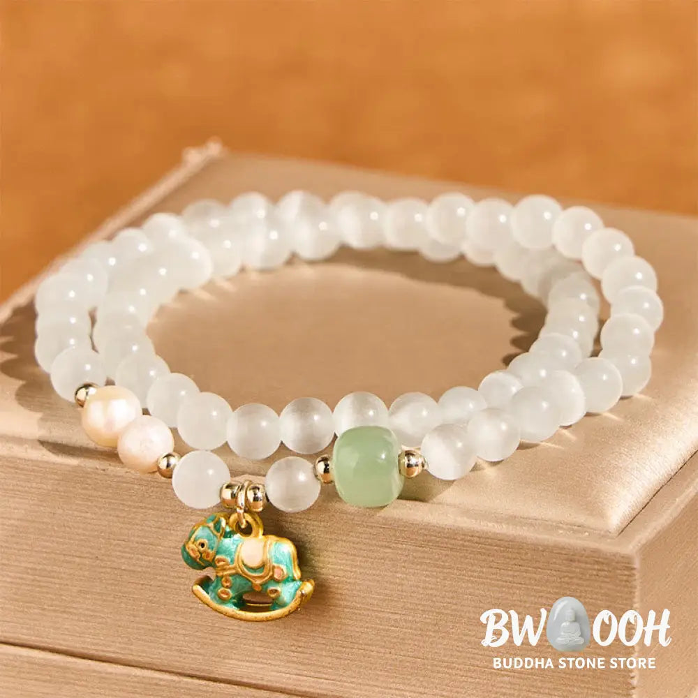 Buddha Stones Year Of The Horse Chrysoberyl Glass Bead Peace Love Double-layered Bracelet - Chrysoberyl(Wrist