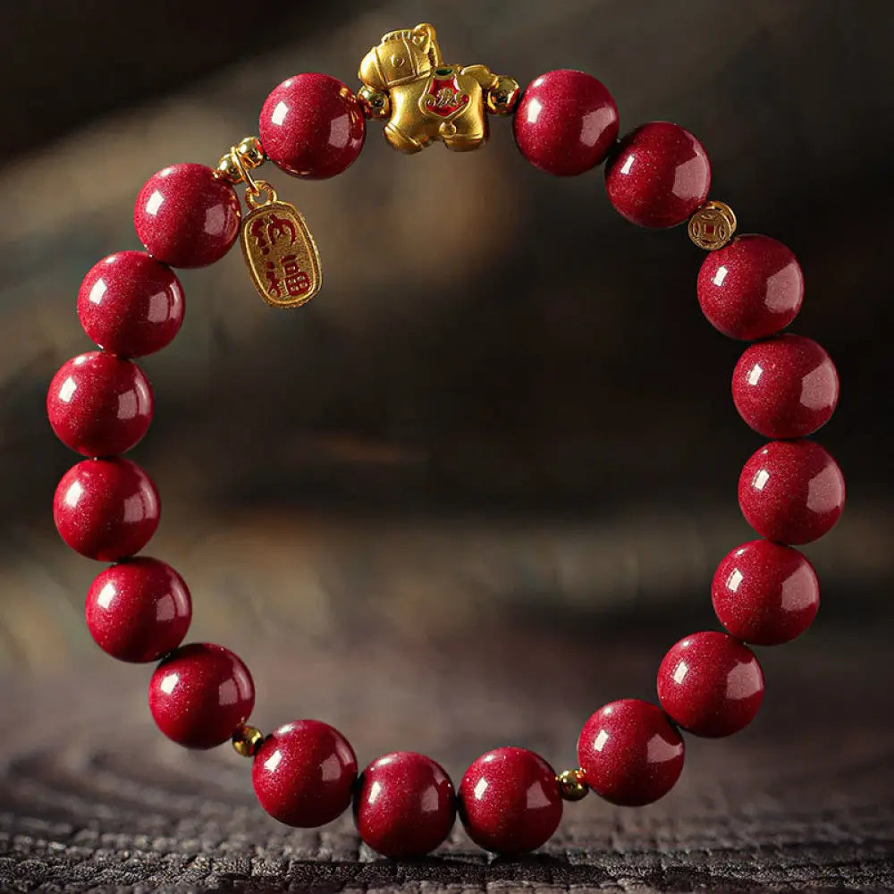 Buddha Stones Year Of The Horse Cinnabar Blessing Bracelet - Cinnabar(Bead Size:10mm) / 14cm - Bracelet