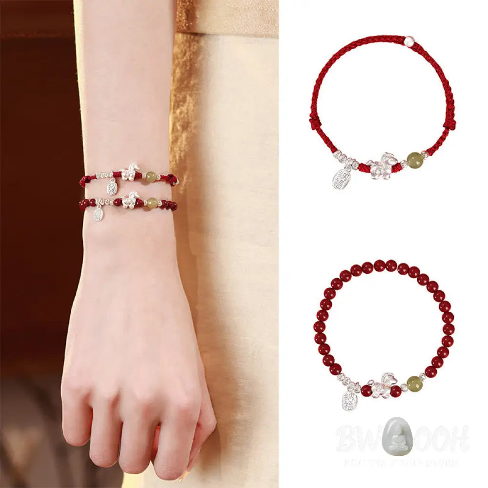 Buddha Stones Year Of The Horse Cinnabar Hetian Jade 999 Sterling Silver Red String Concentration Bracelet - Bracelet
