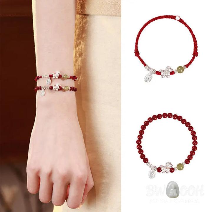 Buddha Stones Year Of The Horse Cinnabar Hetian Jade 999 Sterling Silver Red String Concentration Bracelet - Bracelet
