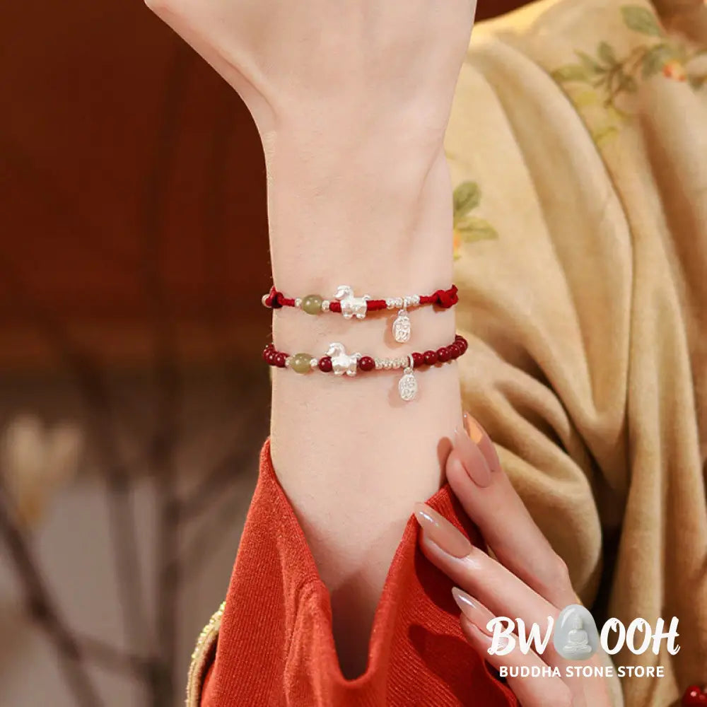 Buddha Stones Year Of The Horse Cinnabar Hetian Jade 999 Sterling Silver Red String Concentration Bracelet - Bracelet