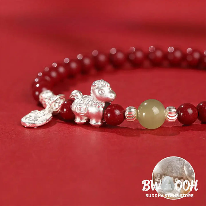 Buddha Stones Year Of The Horse Cinnabar Hetian Jade 999 Sterling Silver Red String Concentration Bracelet - Bracelet