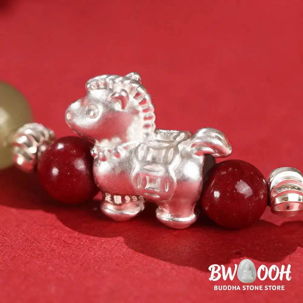 Buddha Stones Year Of The Horse Cinnabar Hetian Jade 999 Sterling Silver Red String Concentration Bracelet - Bracelet