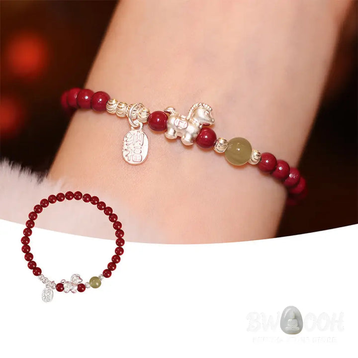 Buddha Stones Year Of The Horse Cinnabar Hetian Jade 999 Sterling Silver Red String Concentration Bracelet - Bracelet