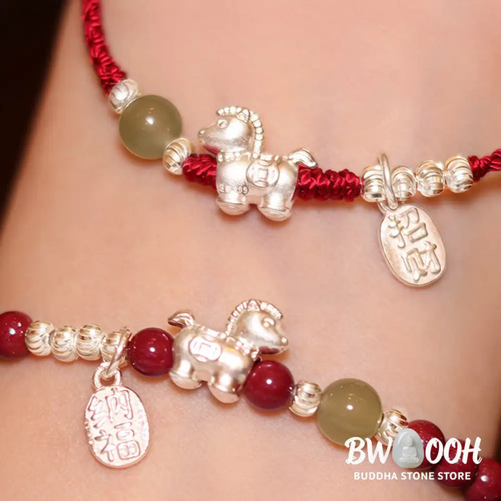 Buddha Stones Year Of The Horse Cinnabar Hetian Jade 999 Sterling Silver Red String Concentration Bracelet - Bracelet