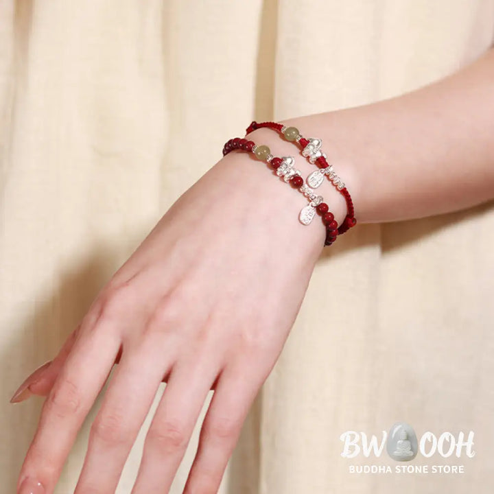 Buddha Stones Year Of The Horse Cinnabar Hetian Jade 999 Sterling Silver Red String Concentration Bracelet - Bracelet