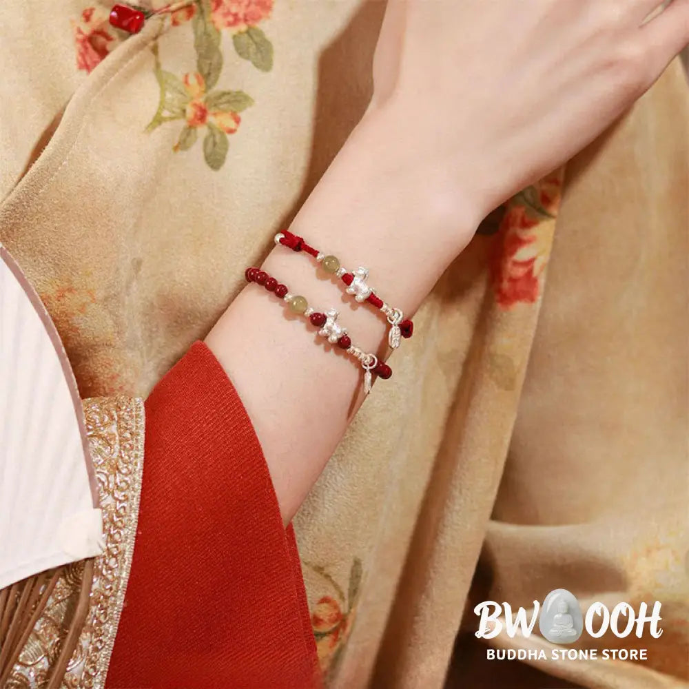 Buddha Stones Year Of The Horse Cinnabar Hetian Jade 999 Sterling Silver Red String Concentration Bracelet - Bracelet