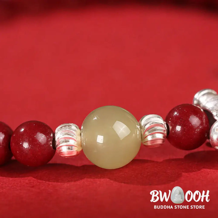 Buddha Stones Year Of The Horse Cinnabar Hetian Jade 999 Sterling Silver Red String Concentration Bracelet - Bracelet