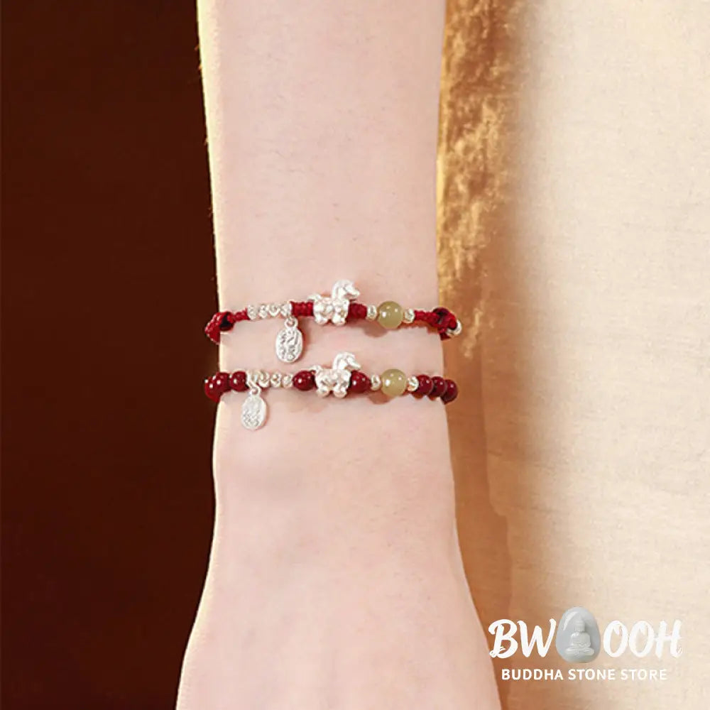 Buddha Stones Year Of The Horse Cinnabar Hetian Jade 999 Sterling Silver Red String Concentration Bracelet - Bracelet