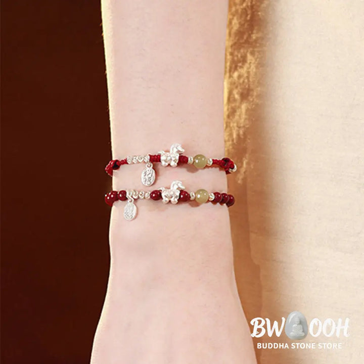 Buddha Stones Year Of The Horse Cinnabar Hetian Jade 999 Sterling Silver Red String Concentration Bracelet - Bracelet