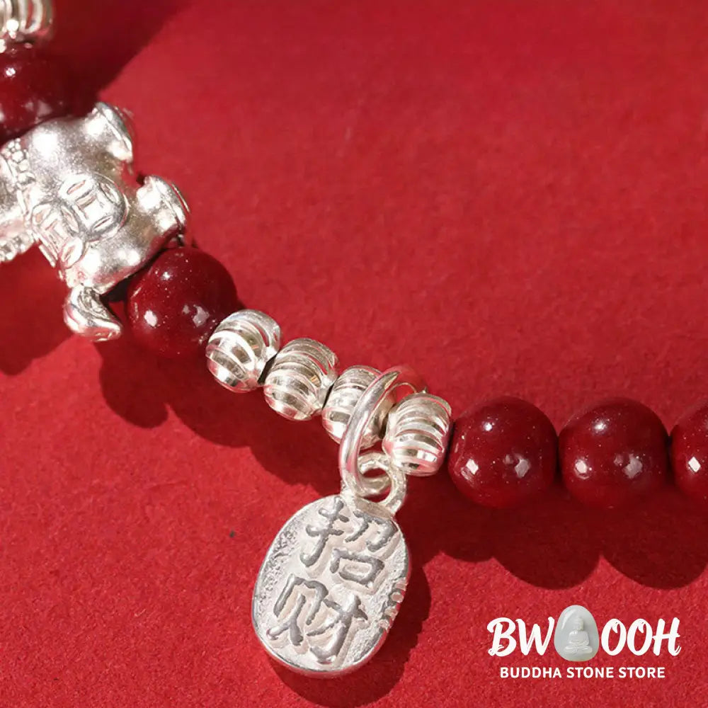 Buddha Stones Year Of The Horse Cinnabar Hetian Jade 999 Sterling Silver Red String Concentration Bracelet - Bracelet