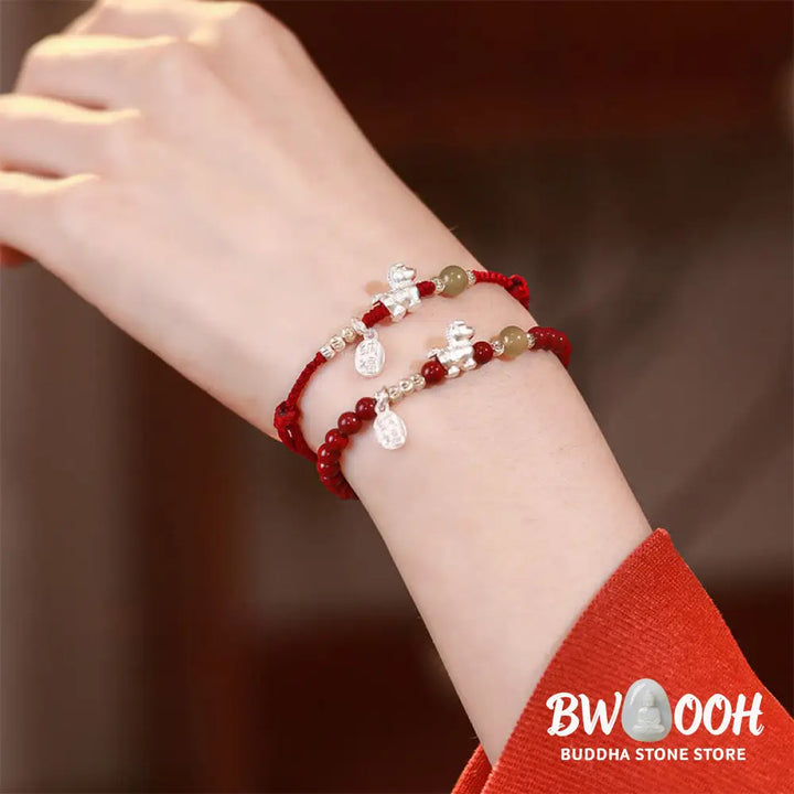 Buddha Stones Year Of The Horse Cinnabar Hetian Jade 999 Sterling Silver Red String Concentration Bracelet - Bracelet