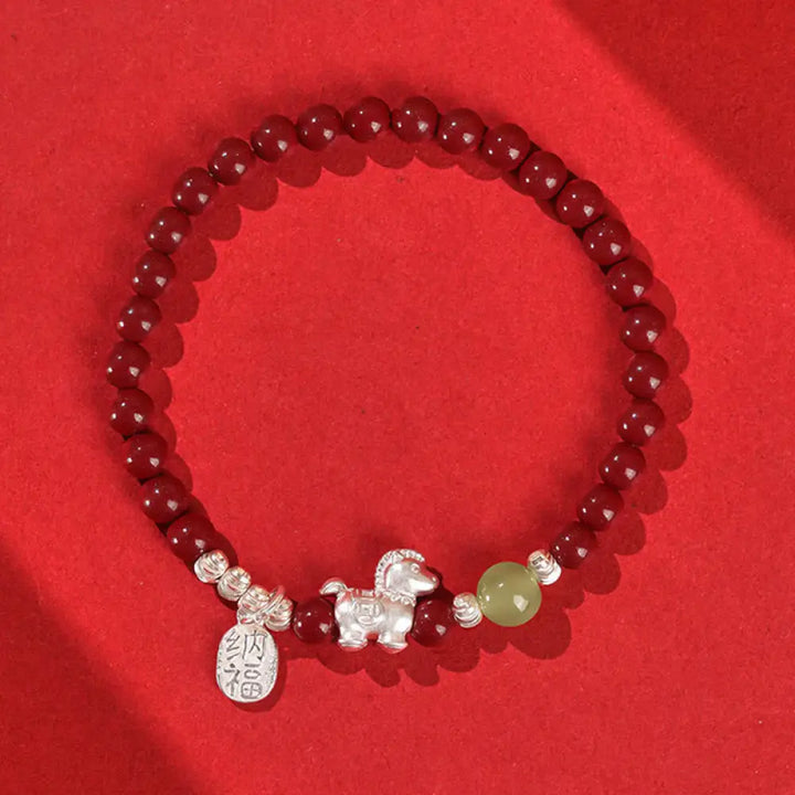 Buddha Stones Year Of The Horse Cinnabar Hetian Jade 999 Sterling Silver Red String Concentration Bracelet - 999
