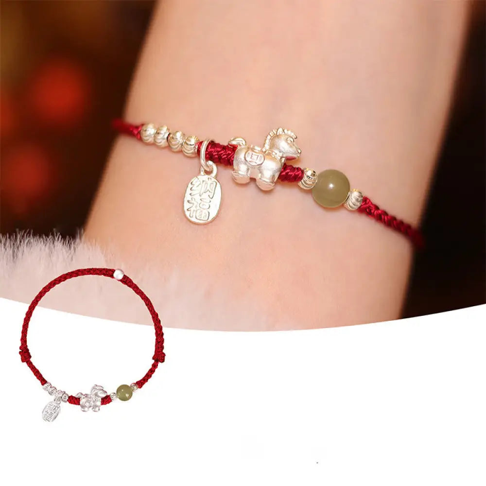 Buddha Stones Year Of The Horse Cinnabar Hetian Jade 999 Sterling Silver Red String Concentration Bracelet - 999