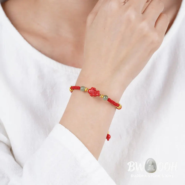 Buddha Stones Year Of The Horse Cinnabar Hetian Jade Red String Blessing Bracelet - Cinnabar Hetian Jade(Wrist