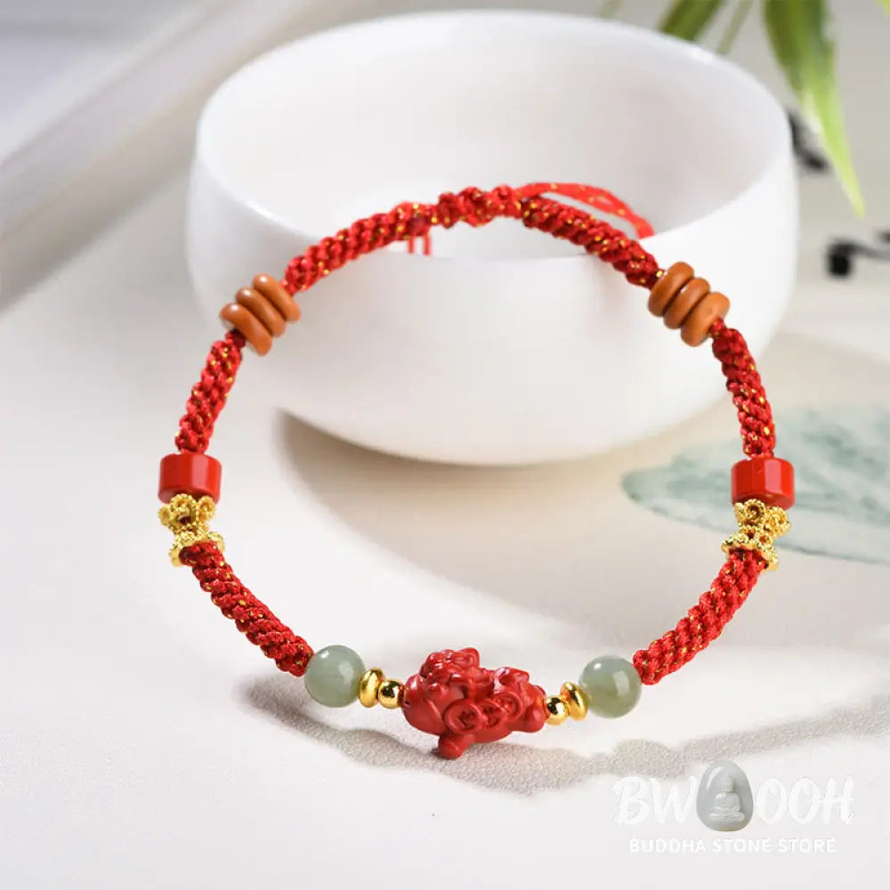 Buddha Stones Year Of The Horse Cinnabar Hetian Jade Red String Blessing Bracelet - Cinnabar Hetian Jade(Wrist