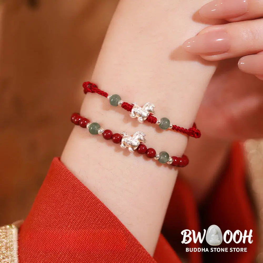 Buddha Stones Year of the Horse Cinnabar Jade Red String Blessing Bracelet - Bracelet