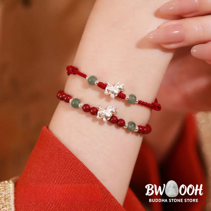 Buddha Stones Year of the Horse Cinnabar Jade Red String Blessing Bracelet - Bracelet