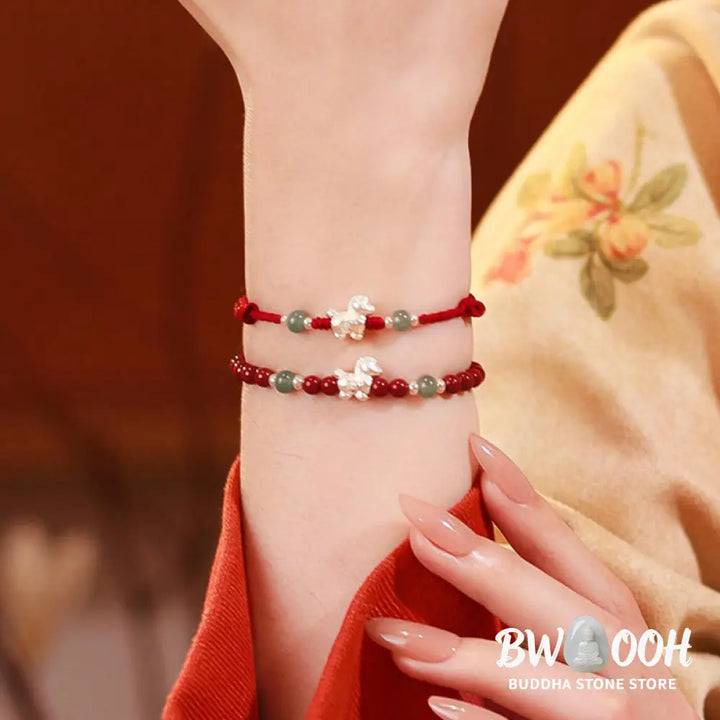 Buddha Stones Year of the Horse Cinnabar Jade Red String Blessing Bracelet - Bracelet