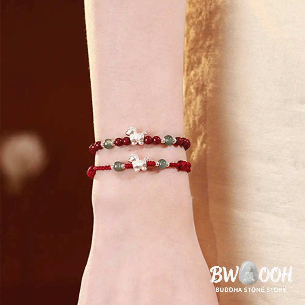 Buddha Stones Year of the Horse Cinnabar Jade Red String Blessing Bracelet - Bracelet