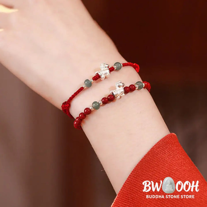 Buddha Stones Year of the Horse Cinnabar Jade Red String Blessing Bracelet - Bracelet