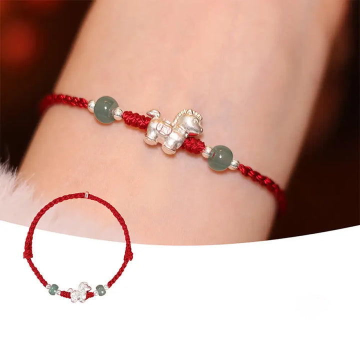 Buddha Stones Year of the Horse Cinnabar Jade Red String Blessing Bracelet - Red Rope Silver Horse(Wrist