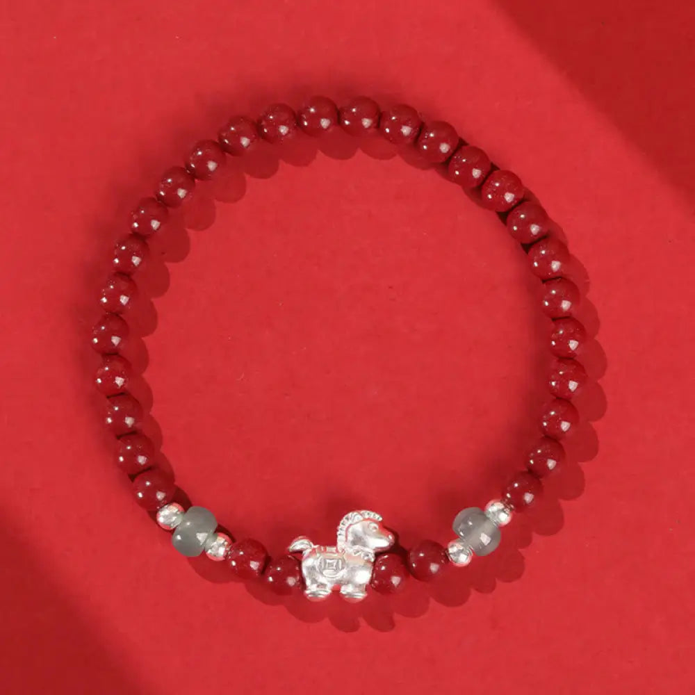 Buddha Stones Year of the Horse Cinnabar Jade Red String Blessing Bracelet - Cinnabar Silver Horse(Wrist