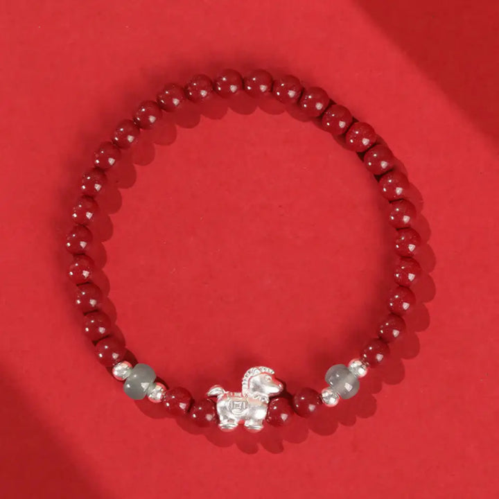 Buddha Stones Year of the Horse Cinnabar Jade Red String Blessing Bracelet - Cinnabar Silver Horse(Wrist