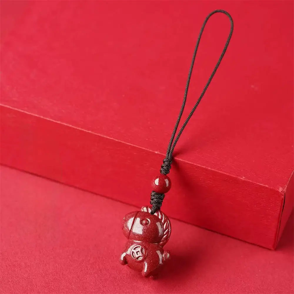 Buddha Stones Year Of The Horse Cinnabar Keep Away Evil Spirits Key Chain - DarkRed Long Rope Horse - Key Chain