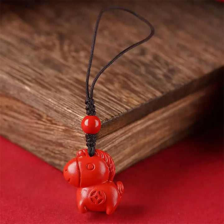 Buddha Stones Year Of The Horse Cinnabar Keep Away Evil Spirits Key Chain - Red Long Rope Horse - Key Chain