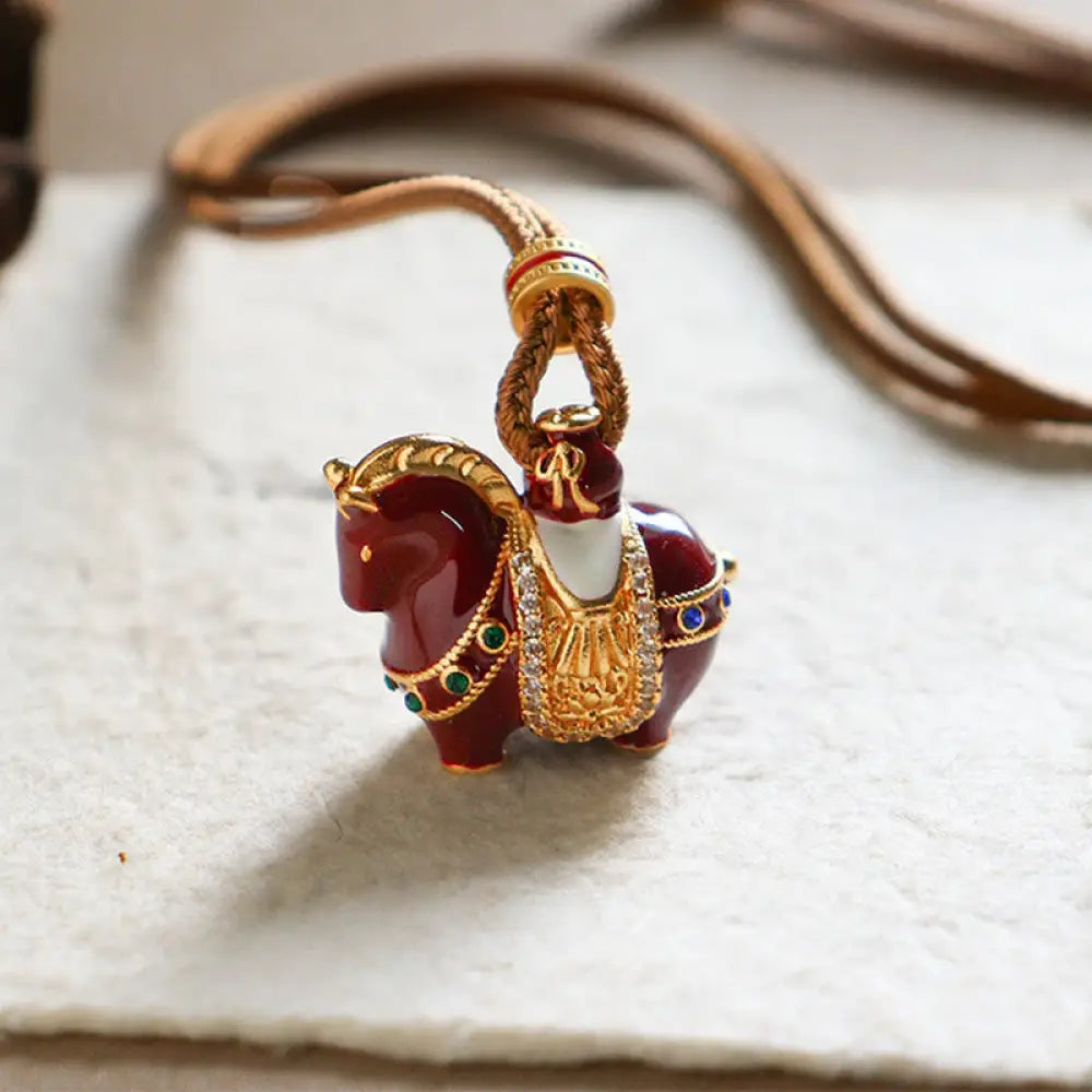 Buddha Stones Year Of The Horse Copper Balance Necklace Pendants - BWOOOH - Enamel Saddle Horse - Necklaces & Pendants