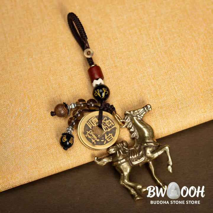 Buddha Stones Year Of The Horse Copper Brass Five-Emperor Coins Om Mani Padme Hum Protection Key Chain - Key Chain