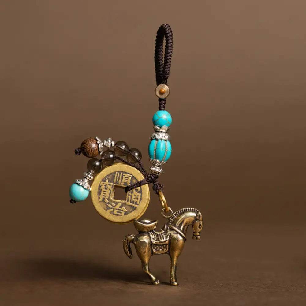 Buddha Stones Year Of The Horse Copper Brass Five-Emperor Coins Om Mani Padme Hum Protection Key Chain - Ingot