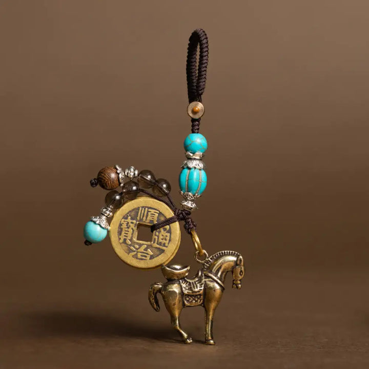 Buddha Stones Year Of The Horse Copper Brass Five-Emperor Coins Om Mani Padme Hum Protection Key Chain - Ingot