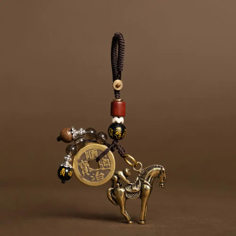 Buddha Stones Year Of The Horse Copper Brass Five-Emperor Coins Om Mani Padme Hum Protection Key Chain - Monkey Om Mani