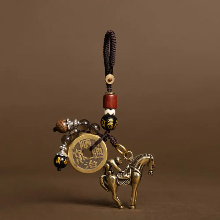 Buddha Stones Year Of The Horse Copper Brass Five-Emperor Coins Om Mani Padme Hum Protection Key Chain - Monkey Om Mani