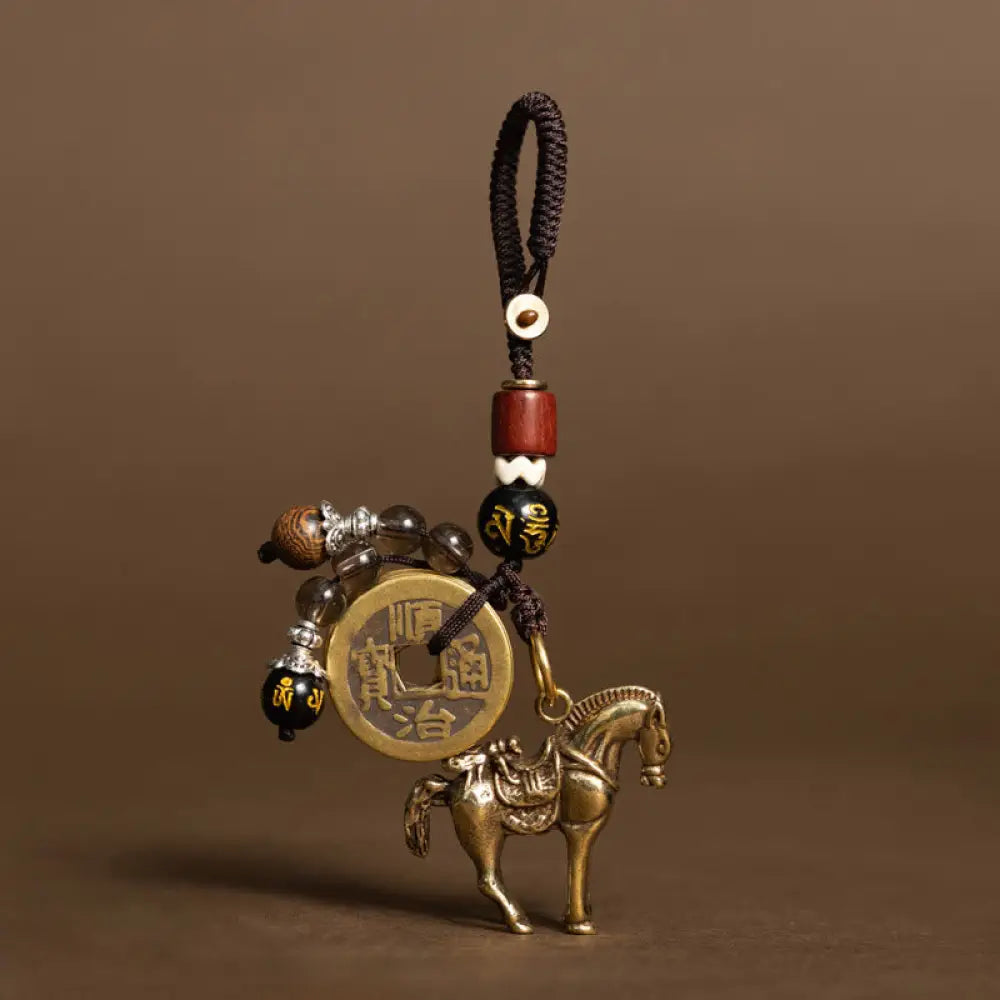 Buddha Stones Year Of The Horse Copper Brass Five-Emperor Coins Om Mani Padme Hum Protection Key Chain - Om Mani Padme