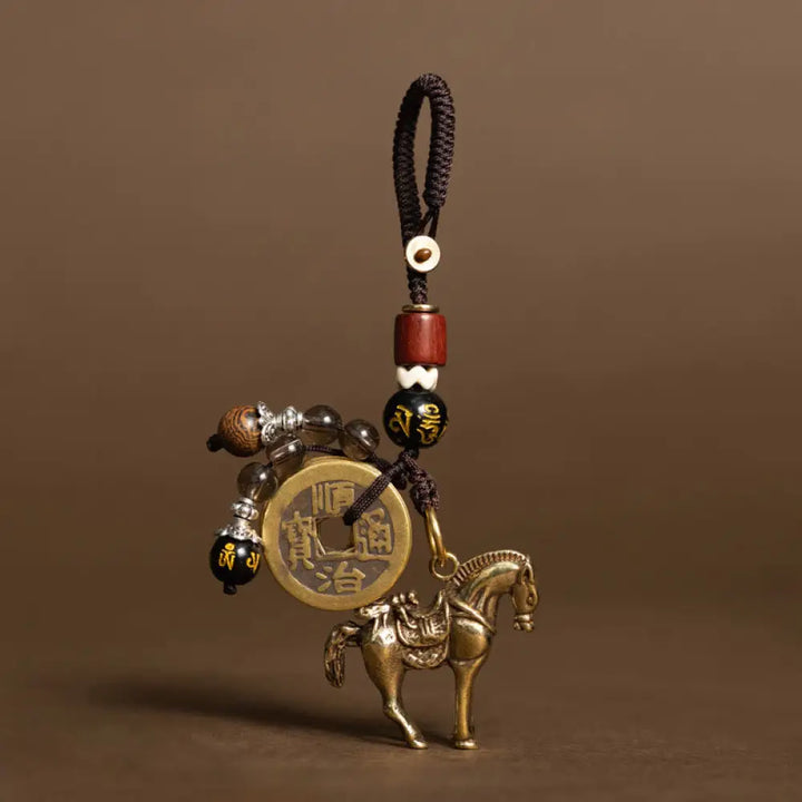 Buddha Stones Year Of The Horse Copper Brass Five-Emperor Coins Om Mani Padme Hum Protection Key Chain - Om Mani Padme