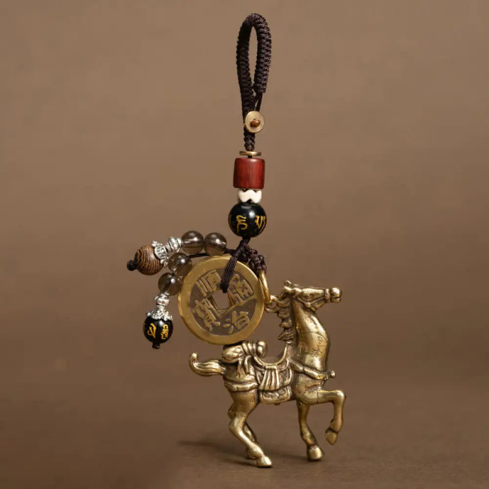 Buddha Stones Year Of The Horse Copper Brass Five-Emperor Coins Om Mani Padme Hum Protection Key Chain - Om Mani Padme
