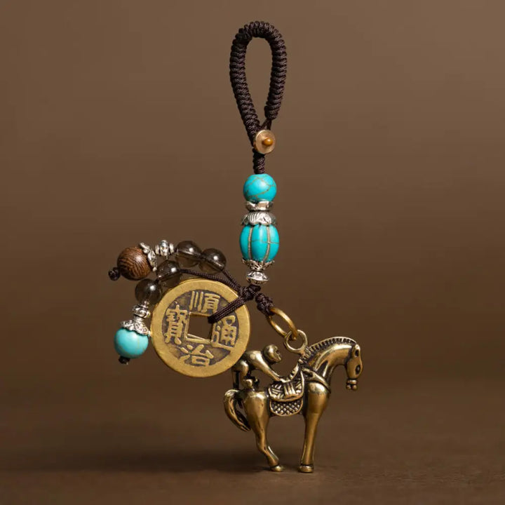 Buddha Stones Year Of The Horse Copper Brass Five-Emperor Coins Om Mani Padme Hum Protection Key Chain - Turquoise Bead