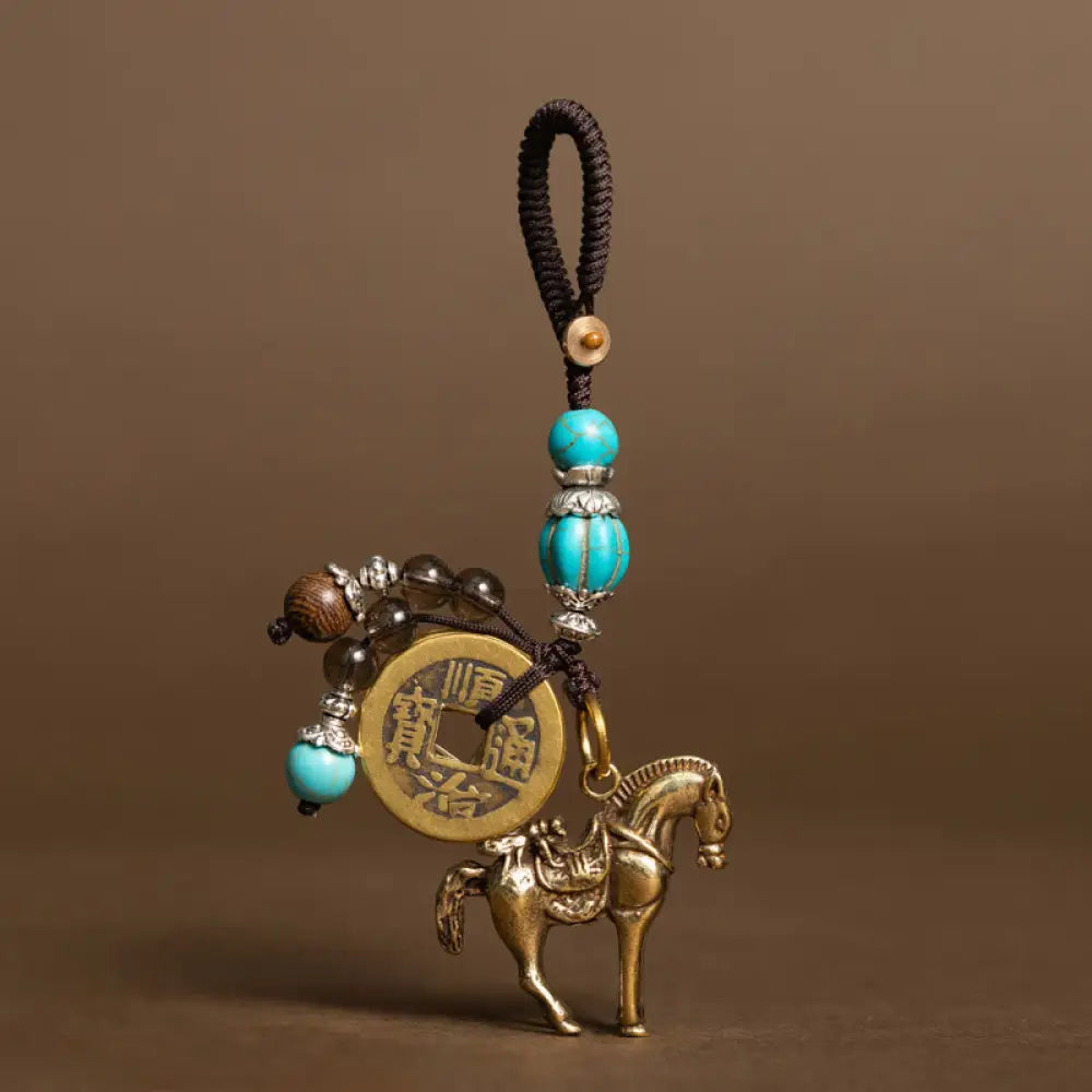 Buddha Stones Year Of The Horse Copper Brass Five-Emperor Coins Om Mani Padme Hum Protection Key Chain - Turquoise Bead