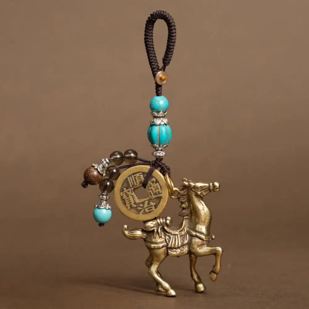 Buddha Stones Year Of The Horse Copper Brass Five-Emperor Coins Om Mani Padme Hum Protection Key Chain - Turquoise Bead