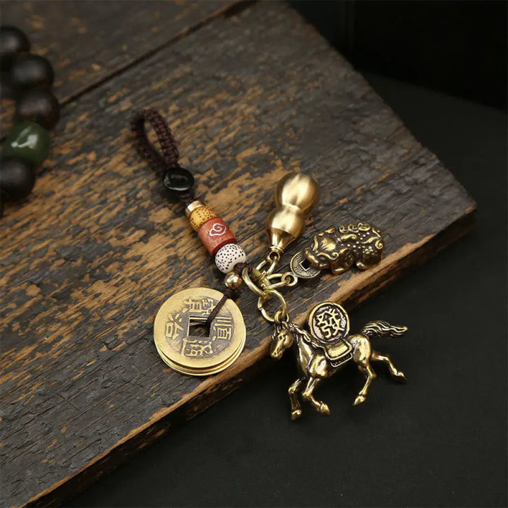 Buddha Stones Year Of The Horse Copper Brass Five-emperor Coins Pixiu Ward Off Evil Spirits Key Chain - Five-Emperor