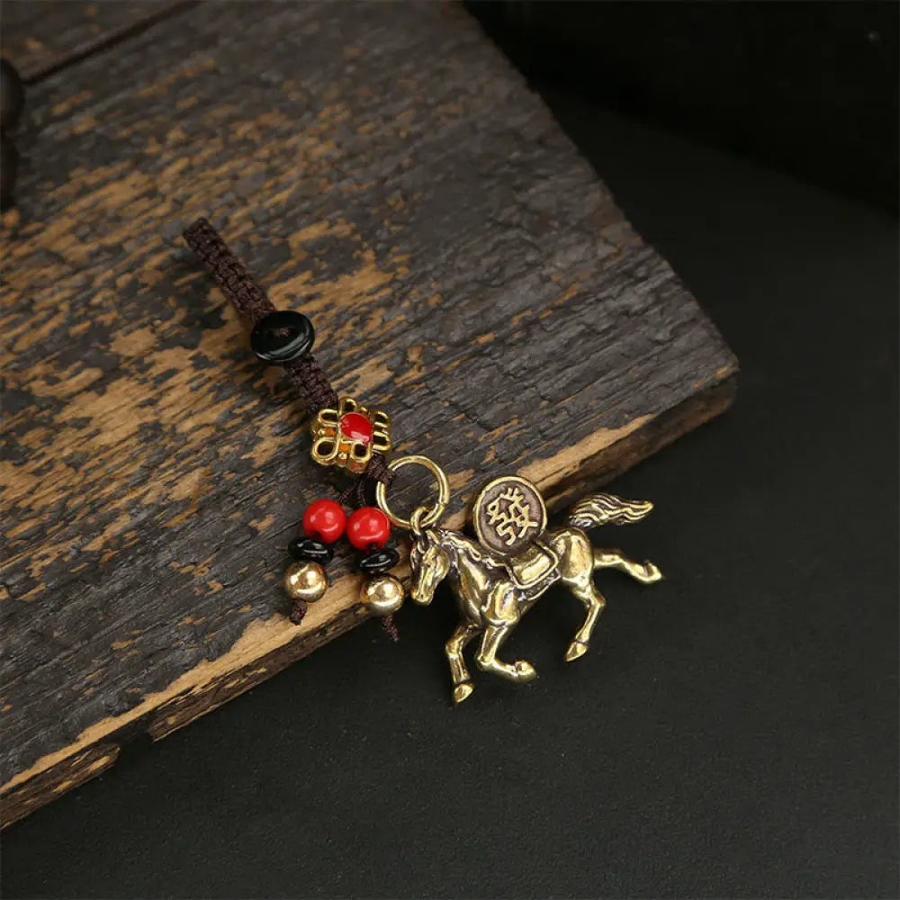 Buddha Stones Year Of The Horse Copper Brass Five-emperor Coins Pixiu Ward Off Evil Spirits Key Chain - Peach Blossom