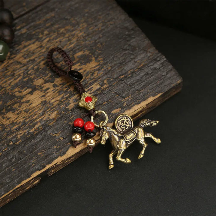 Buddha Stones Year Of The Horse Copper Brass Five-emperor Coins Pixiu Ward Off Evil Spirits Key Chain - Red Bead Horse