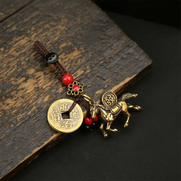 Buddha Stones Year Of The Horse Copper Brass Five-emperor Coins Pixiu Ward Off Evil Spirits Key Chain - Red Bead Peach